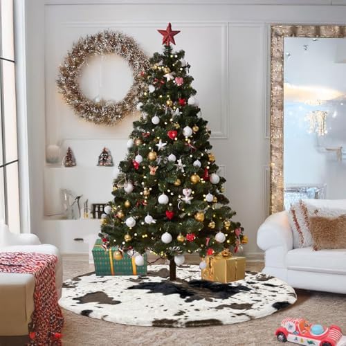 Cow Print Plush Christmas Tree Skirt, Western Cowhide Faux Fur Christmas Tree Skirt Mat for Christmas New Year Home Party Decorations(48 inches/122CM) - Image 5