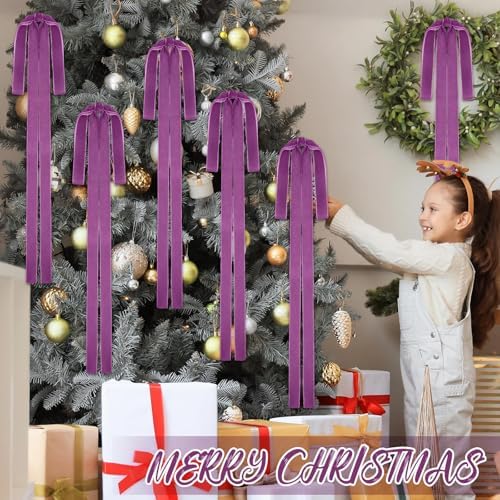 Janinka 6 Pcs Long Purple Christmas Velvet Bow Ornament Vintage Tree Decor - Image 4