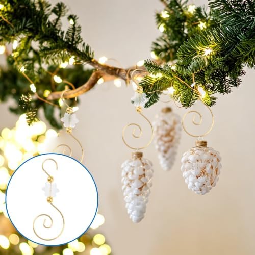 INCREWAY 30PCS Christmas Ornament Hooks with Snowflake Bead, S-Shaped Decorative Hangers Gold Metal Wire Transparent Acrylic Beads for Christmas Tree Decorations Party Crafts Door Frame - Image 6