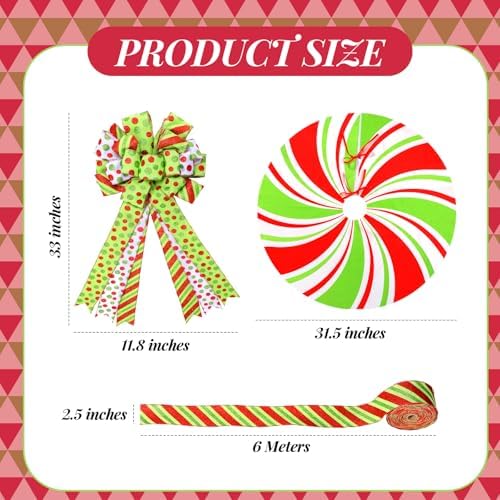 Zomiboo 31.5 Inch Christmas Tree Skirt Topper Bow Ribbon Set, Polka Dots - Image 2