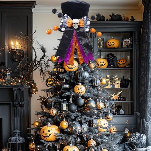 Halloween Tree Topper Hat with Wired Bow, Black Velvet Top Hat with Skull - Image 5