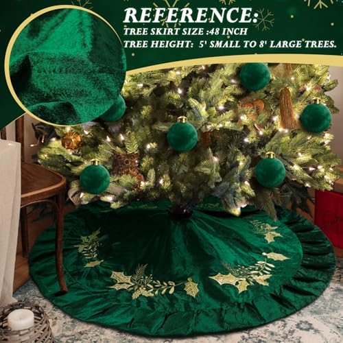 48 inches Velvet Christmas Tree Skirt Red Wine Gold Fur Plush Tree Skirt Luxury Xmas Skirts for Merry Christmas Party Vintage Holiday Decorations(Green with Gold Embroidered Holly) - Image 5