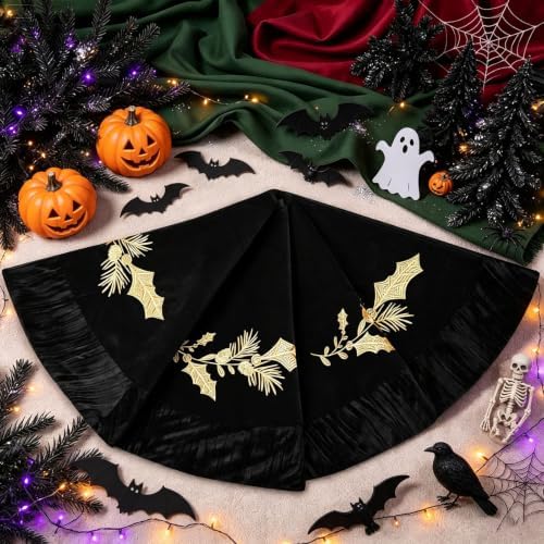 48 Inches Velvet Halloween Tree Skirt Black Luxury Xmas Gold Fur Plush Skirts with Gold Embroidered Holly for Halloween Merry Christmas Party Rustic Vintage Holiday Home Winter Decorations - Image 3