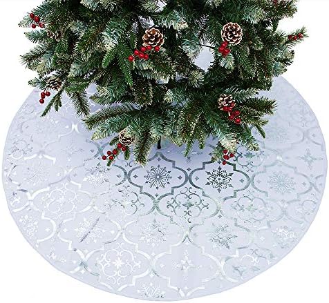 White Christmas Tree Skirt, 48 inches Large Red Flannel Tree Mat with Gilded Christmas Patterns Skirt for Xmas Tree Holiday Party Decorations Indoor Outdoor with 1 Christmas Stocking (White) - Image 5