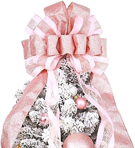 Christmas Tree Topper, 40x13 Inches Toppers Bow with Glitter Satin Mesh Streamer and Patterned Ribbon, Christmas Tree Topper Bow for Christmas Home Decoration (Rose Gold) by CANGBI
