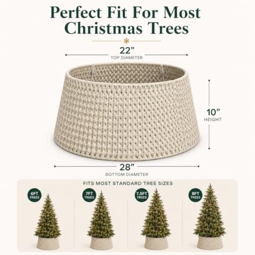 Inside Out Home 27in Christmas Tree Collar, 4-Piece Woven Holiday Tree Skirt, Protects Tree Base from Pets, White Xmas Decoration - Image 3