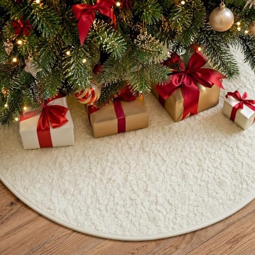 Skylety 48'' Christmas Tree Skirt Rug Embossing Xmas Tree Skirt, Lvory - Image 5
