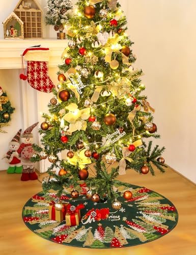 Multiwins Christmas Tree Skirt 48 Inch, Green Tree Skirt with Snowflake and Christmas Tree Design, Thick Flannel Fabric, Rustic Farmhouse Xmas Tree Skirt for Holiday Christmas Decorations - Image 6