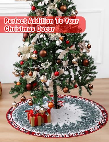 Multiwins Christmas Tree Skirt 48 Inch, Merry Christmas Snowflake Design, Thick Flannel Fabric, Winter Holiday Tree Mat Decoration - Image 3