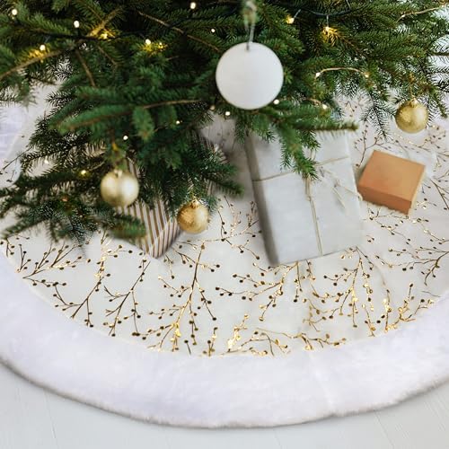 36 Inch Christmas Tree Skirt,White and Gold Faux Fur Xmas Tree Skirt,Thick Plush Velvet Tree Skirt for 4ft/6ft/7.5ft/9ft Christmas Trees,Large White Christmas Tree Skirt for Holiday Decoration - Image 4