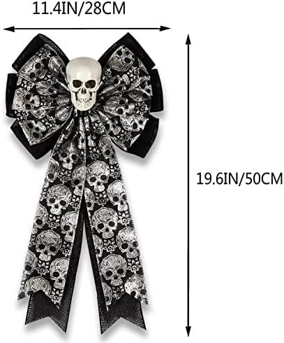Skull Gothic Decor,Halloween Bows for Wreaths Decorations, Halloween Tree Topper Bow, Decorative Bow with Skull Glitter Silver Black Burlap for Fall Home Front Door Outdoor - Image 2