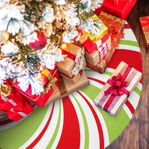 48 Inch Christmas Tree Skirt Peppermint Candy Tree Mat Large Christmas Red White and Green Trees Skirt Candy Swirl Stripe Trees Skirts for Xmas Holiday Home Party Ornament Rustic Farmhouse Decoration - Image 6