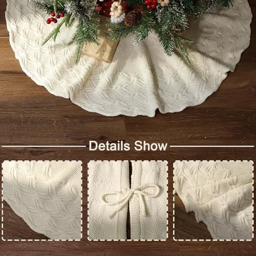 48 inch Christmas Tree Skirt: Crossed Edge Knit Tree Skirt for 7.5ft Tree, Cream White Tree Skirt, Vintage Tree Skirts, Rustic Farmhouse Christmas Decorations - Image 2