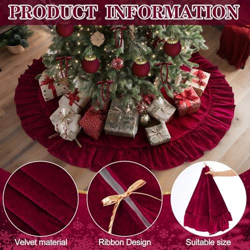 Velvet Christmas Tree Skirt, 60 Inches, Bow Style, Red - Image 6