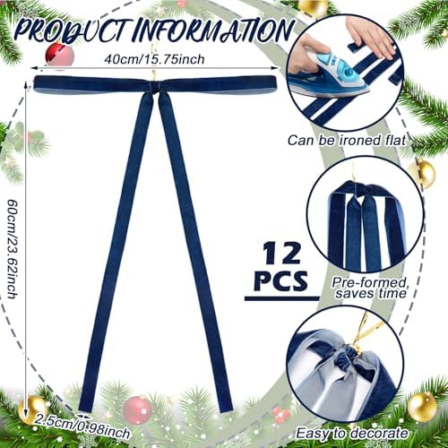 Janinka 12 Long Haze Blue Christmas Velvet Bow Ornament Vintage Tree Decor - Image 2