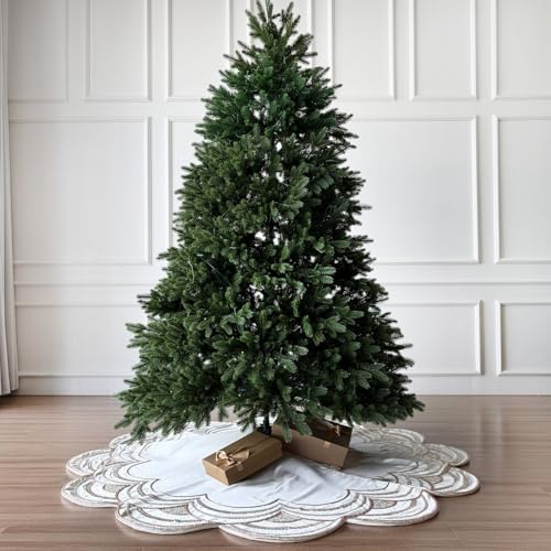 60-Inch Beaded Scalloped Christmas Tree Skirt in Foam-Lined Satin, Button-Loop Closures, Pearl White - Image 2