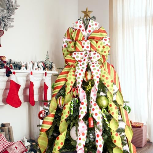Christmas Tree Topper Wreath Bow Large Green Christmas Bow Tree Topper, 45"x13" Red Green Dot Polyester Gift Ribbon for Xmas Ornament Holiday Home Wedding Thanksgiving Indoor/Outdoor Decoration - Image 5