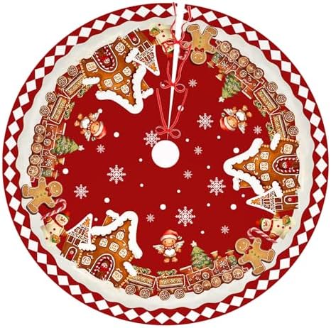 Red Gingerbread Christmas Tree Skirt Decorations House Decor Christmas Gingerbread Tree Ornaments Holiday Party Indoor Outdoor Xmas Trees Mat 48 inches by WelcometoCEASQVAA