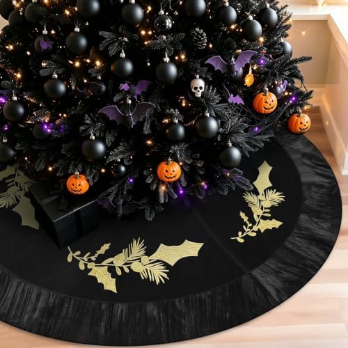 48 Inches Velvet Halloween Tree Skirt Black Luxury Xmas Gold Fur Plush Skirts with Gold Embroidered Holly for Halloween Merry Christmas Party Rustic Vintage Holiday Home Winter Decorations by QIJISTORM