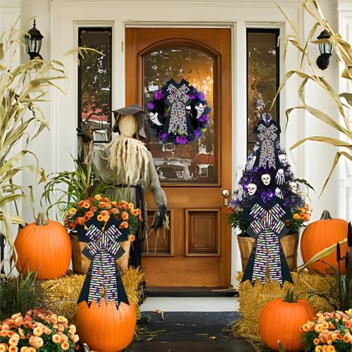 Large Halloween Tree Topper Bow, Black Stripe Glitter Dot Wreath Bow - Image 3