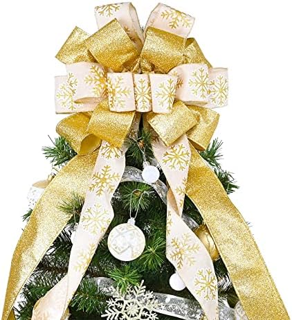 Christmas Tree Topper, 40x13 Inches Toppers Bow with Glitter Satin Mesh Streamer and Patterned Ribbon, Christmas Tree Topper Bow for Christmas Home Decoration (Gold) by CANGBI