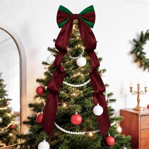 Big Bows, Christmas Decorations, Velvet Christmas Tree Topper Bow, 52 x16 Inch, Giant Christmas Bow Decorations for Home, Wedding, Birthday, Wreath, Door, Wall Decor (Burgundy Green) by AERORIBOWEnjoyEveryDay