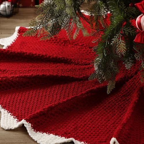 NIBESSER Red Knit Christmas Tree Skirt 48" for Christmas Decorations - Yarn Thick Rustic Cable Knit Tree Skirt Mat for Home Party Holiday Ornaments by NIBESSER