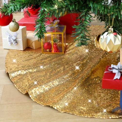 Gold Christmas Tree Skirt 36 inch Small Tree Skirt 4ft Sequin Tree Skirt for Gold Christmas Decorations by QueenDream