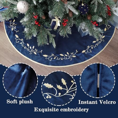 Bunny Chorus Christmas Tree Skirt, 48 inches Large Velvet Fur Plush Blue Tree Skirt, Xmas Tree Skirts with Gold Embroidered Holly Leaf for Merry Christmas Party Christmas Tree Decorations - Image 4