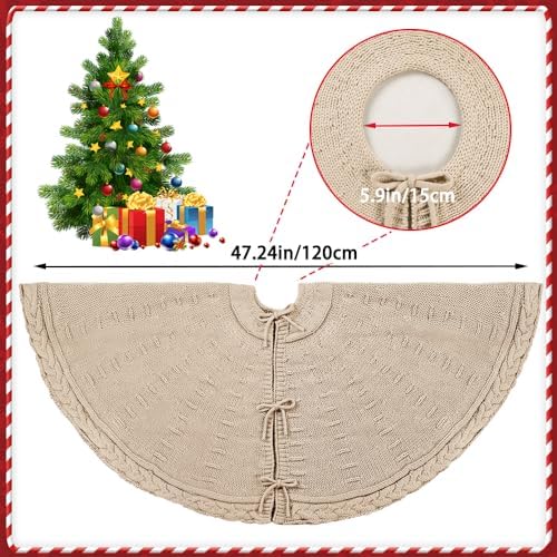 YUJUN 48 Inches Christmas Knitted Tree Skirt Decorations Xmas Large Vintage Beige Chunky Cable Farmhouse Thick Rustic Tree Skirt for Merry Christmas Tree Holiday Home Party Decoration - Image 2