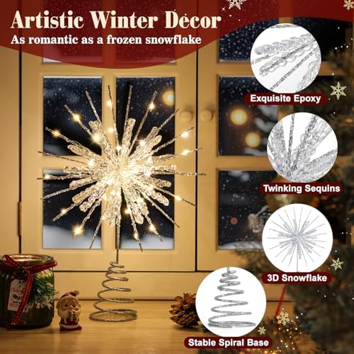 Lewondr 12" Crystal Lighted Christmas Snowflake Tree Topper, Silver - Image 3