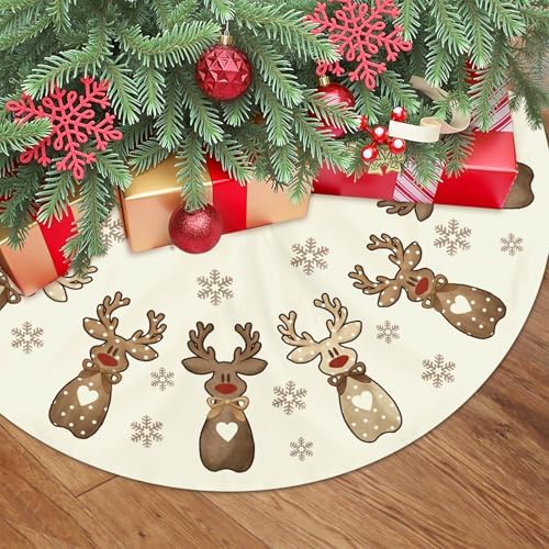 Reindeer Snowflakes Christmas Decorations Tree Skirt 36 Inch Cream Brown Polka Dot Love Heart Bow Elk Deer Xmas Trees Skirts for Winter Holiday Home Party Ornament by Wnoesat