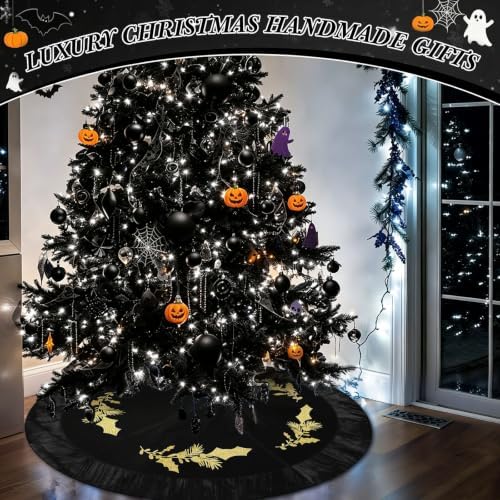 48 Inches Velvet Halloween Tree Skirt Black Luxury Xmas Gold Fur Plush Skirts with Gold Embroidered Holly for Halloween Merry Christmas Party Rustic Vintage Holiday Home Winter Decorations - Image 7
