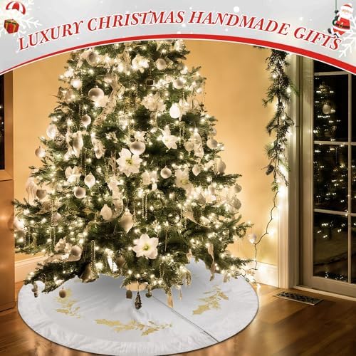 48 Inches Christmas White Velvet Tree Skirt Decorations White Luxury Fur Plush Skirts with Gold Embroidered Holly for Xmas Wedding Rustic Vintage Party Holiday Home - Image 2