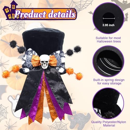 Halloween Tree Topper Hat with Wired Bow, Black Velvet Top Hat with Skull - Image 2