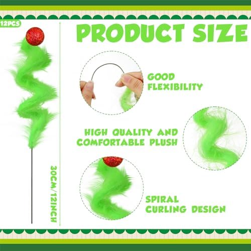Gejoy 12 Pcs Christmas Tree Topper Green Christmas Picks Lime Green Furry Tree Topper Picks 12'' Xmas Curly Stems Ornament Sprays Elf Ornament for Xmas Wreath Vase Filler Branches Decorations - Image 4