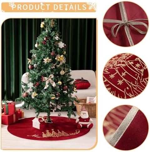 CROWNED BEAUTY 50 Inch Red Velvet Christmas Tree Skirt, Tree Embroidery - Image 4