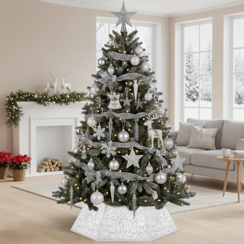 Christmas Tree Collar with Sparkling Sequin Tree Skirt for Holiday Home Decor Xmas Tree Ring(White, X-Large) - Image 6