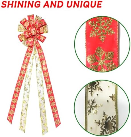 Decorations Christmas Tree Topper, Large Glittered Snow Flakes Decor Bow with Glitter Satin Streamer Christmas Ornament for Your Christmas Indoor Party Holiday Decoration & Gift, 48x13.8 Inch - Image 2