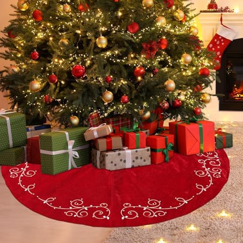 60inch Extra Large Christmas Tree Skirt Red Luxury Velvet Plush Fur Skirts Baroque Tree Skirts with Gold Embroidered Pearls and Crystals Trees Skirt for Christmas Holiday Party Home Decorations - Image 5