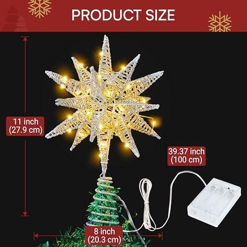 JOIEDOMI 7.8" Metal 3D Silver Glitter Star Christmas Tree Topper Decor, 56 LED Light with Plug Timer Ornaments Treetop Decorations Home Holiday Party Indoor - Image 5