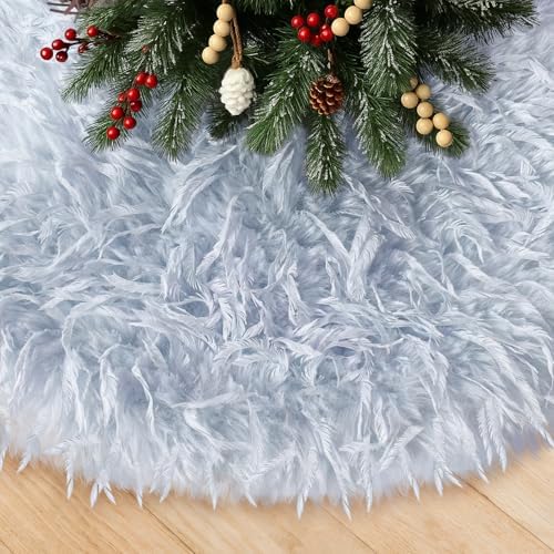 Light Blue Faux Fur Christmas Tree Skirt Mini 24 Inch with Long Feather Design, Luxurious Small Plush Xmas Tree Skirt for Holiday Decor, Winter Party, and Festive Home Decorations - 63cm - Image 4