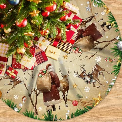 Christmas Tree Skirt, 48 Inch Vintage Santa Deer Xmas Tree Mat by Unknown