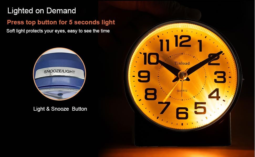Tinload 4.3" No Ticking Analog Alarm Clock,Silent Readable for Seniors,Easy to Set,Gradual Rise Alarm,Big Numbers,On/Off Switch on Side,Gentle Wake,Snooze,Lighted on Demand,Battery Operated,Blue - Image 5