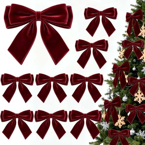 12Pcs Velvet Bows for Christmas Tree, Dark Red Bows Christmas Decorations with Twist Tie, Bulk Burgundy Velvet Ornaments for Wreath Garland Gift Wrapping Wedding Champagne Parties Decor, 6*6in by CUPLOOV