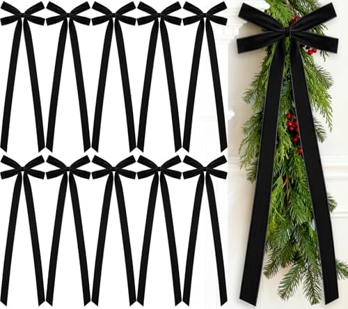 10 Pcs Black Velvet Bows 22"x8" Pre-Tied Christmas Ornaments by Glitinsel