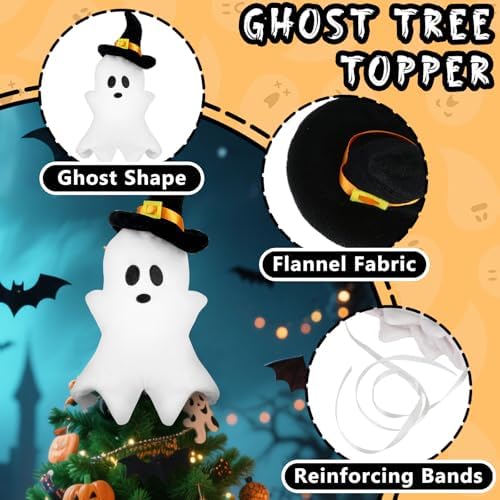 11.8'' White Ghost Plush Halloween Tree Topper with Witch Hat - Image 3