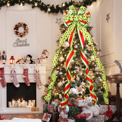 Christmas Tree Topper Wreath Bow Large Green Christmas Bow Tree Topper with Red Green Dot Patterned Gift Bows for Xmas Holiday Home Wedding Thanksgiving Indoor/Outdoor Decoration 52"x13" - Image 5