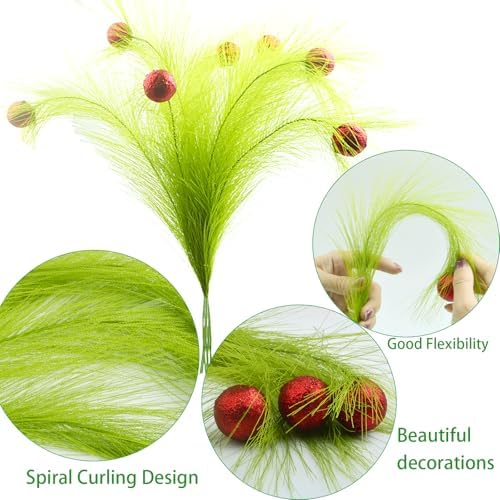 8Pcs Christmas Tree Topper, 16.9 Inch Green Lime Curly Tree Picks with Red Glitter Balls Xmas Artificial Green Ornaments Stems for Christmas Tree Wreath Decorations Home Party Crafts Decor - Image 6