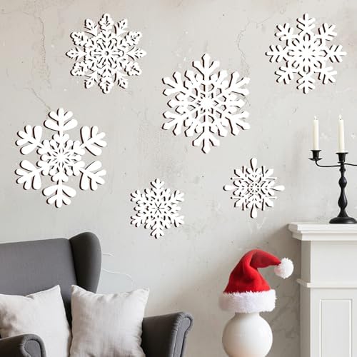 Whaline 6 Pcs Christmas Snowflake Wooden Wall Decor White Snowflake Shaped Wood Wall Art Sign with Hook for Home Farmhouse Xmas Winter Hanging Ornament by Whaline